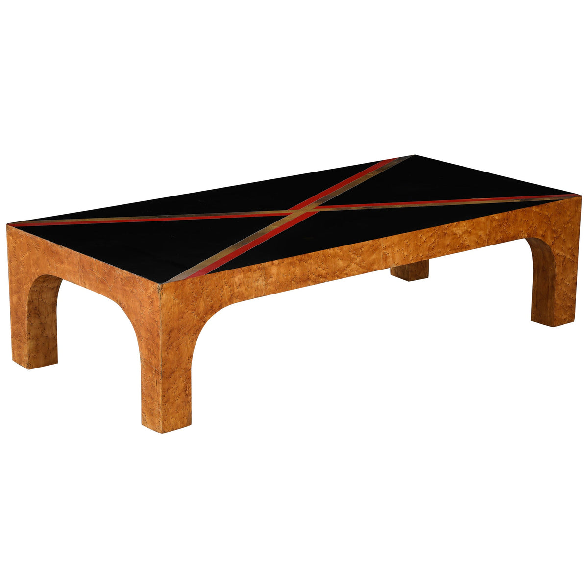 Italian Modernist Coffee Table, Birds Eye Maple & Black Glass, 1970
