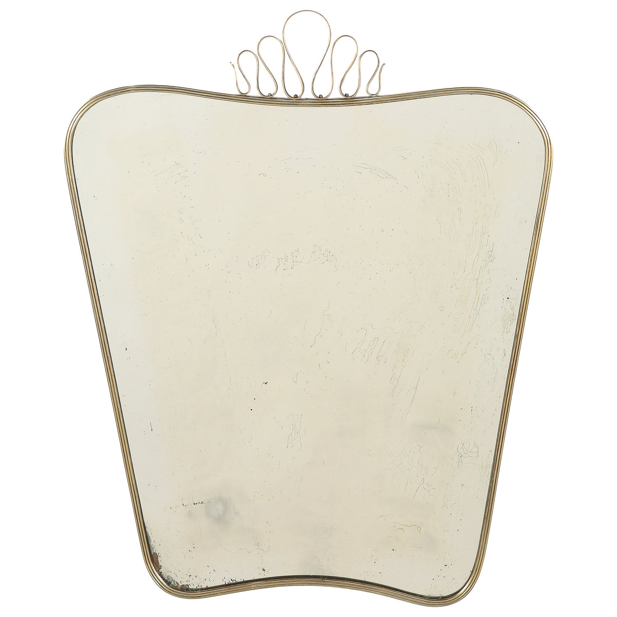 Luigi Fontana 1940's Brass Shaped Wall Mirror with Decorative Scroll Crest