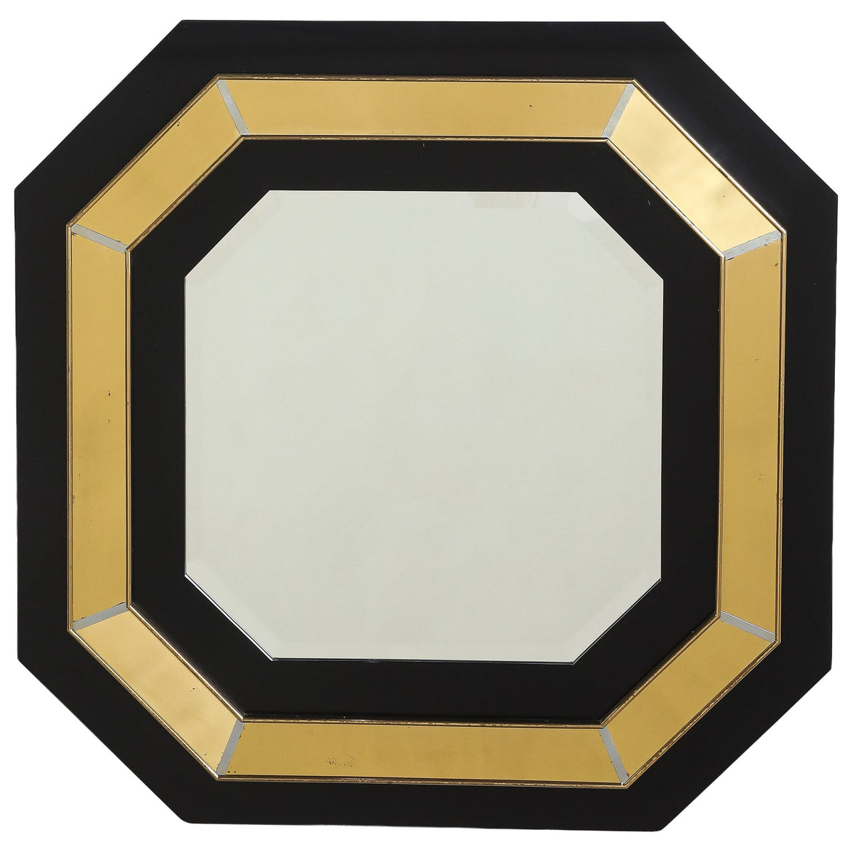 Jean-Claude Mahey Octagonal Black Lacquered & Brass Wall Mirror, circa 1970