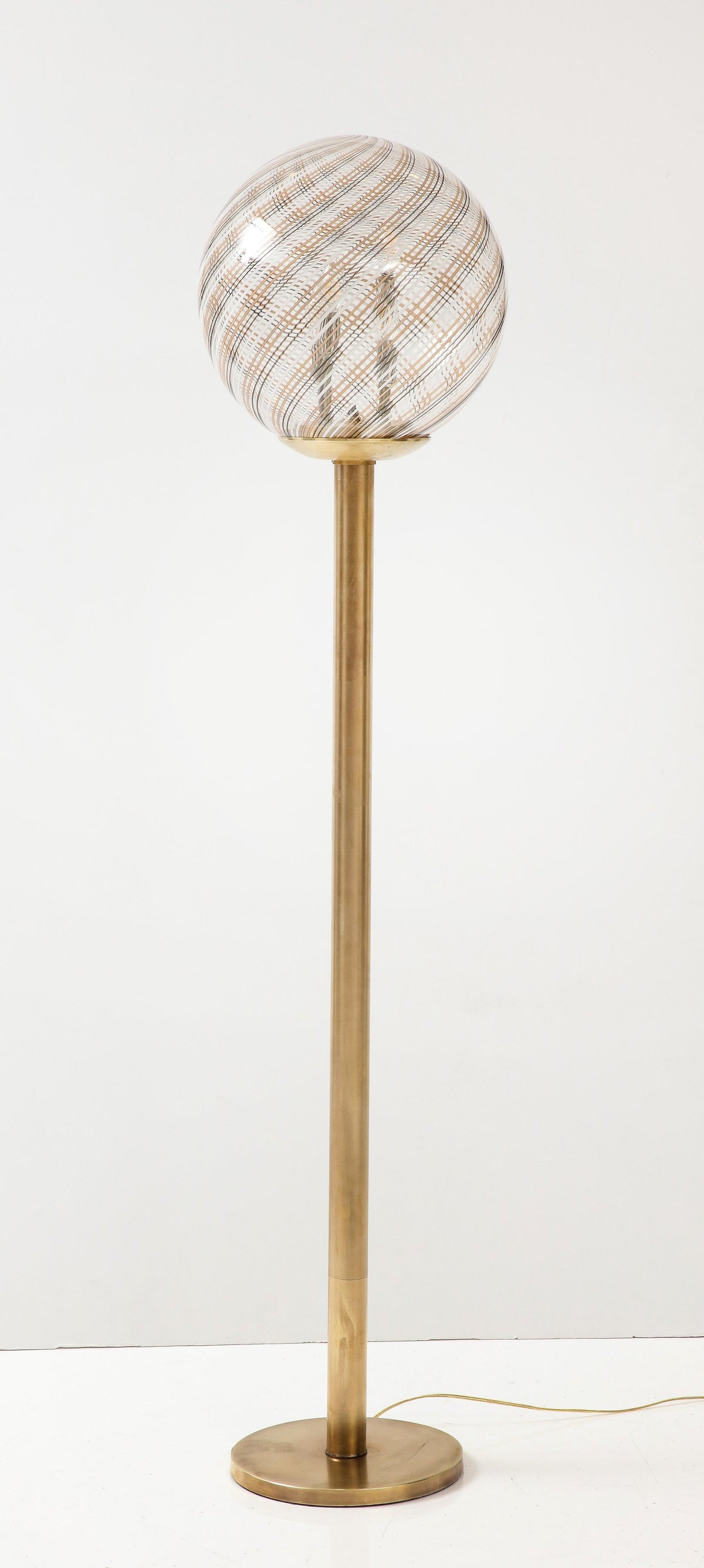 Italian Modernist Brass Floor Lamp with Murano Glass Globe, 1970