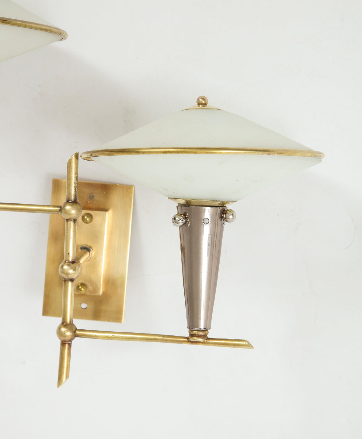 1950s Italian Wall Sconces, Brass & Opaline Glass, Adjustable Arms