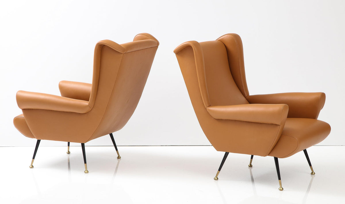 Sculptural High-Back Wing Chairs, Italian Leather, Modern Design, 1950