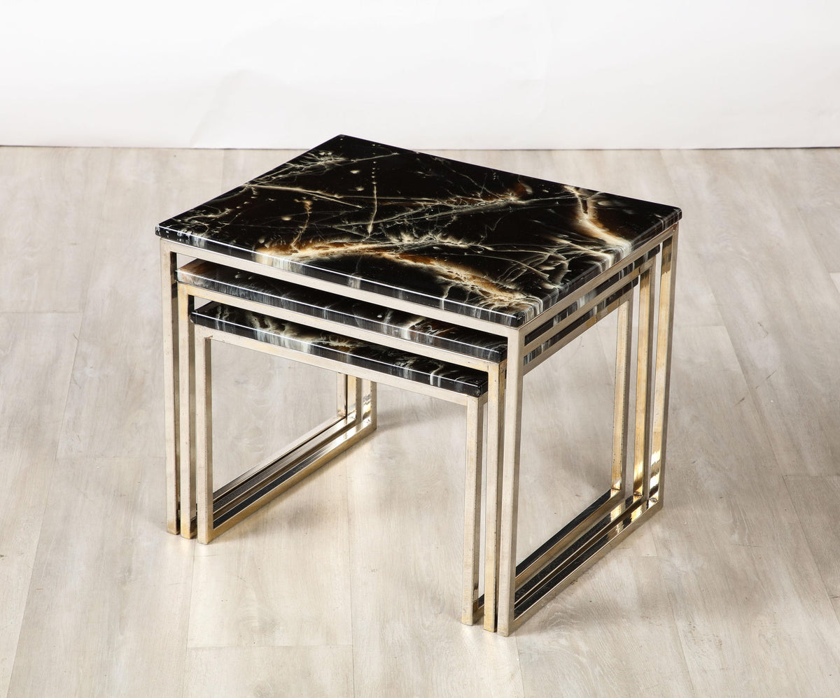 1970s French Nesting Tables with Chrome Base and Black Agate Finish