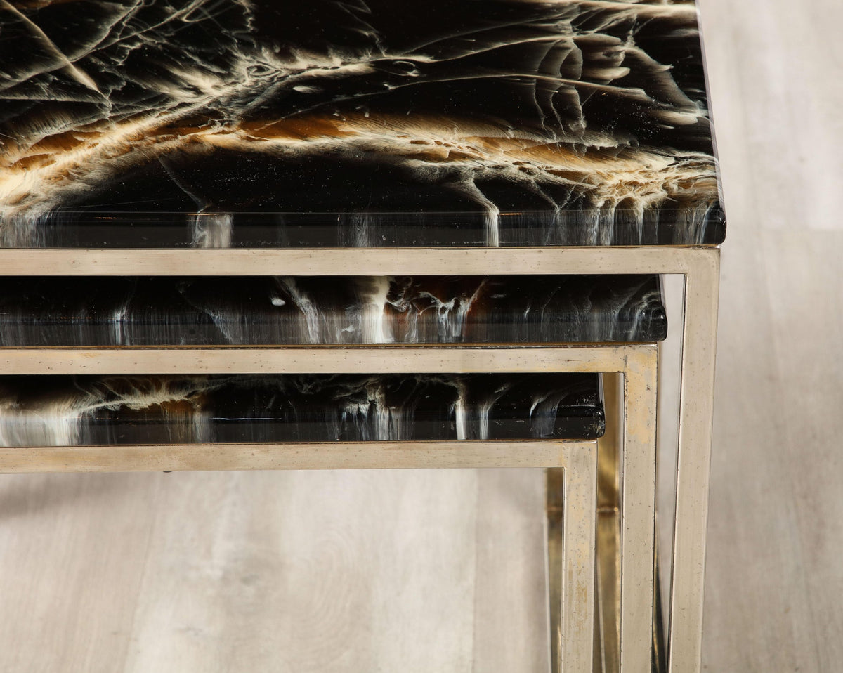 1970s French Nesting Tables with Chrome Base and Black Agate Finish