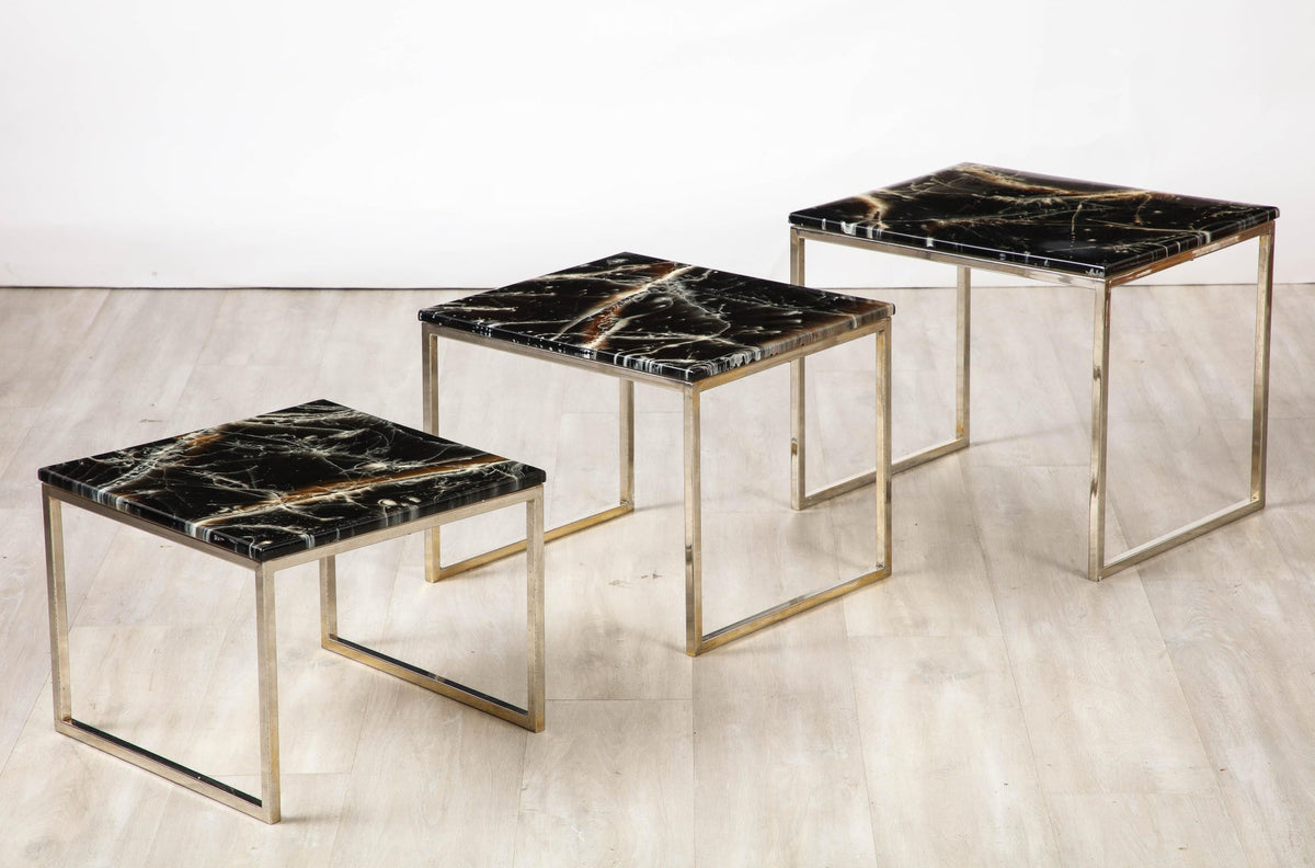 1970s French Nesting Tables with Chrome Base and Black Agate Finish