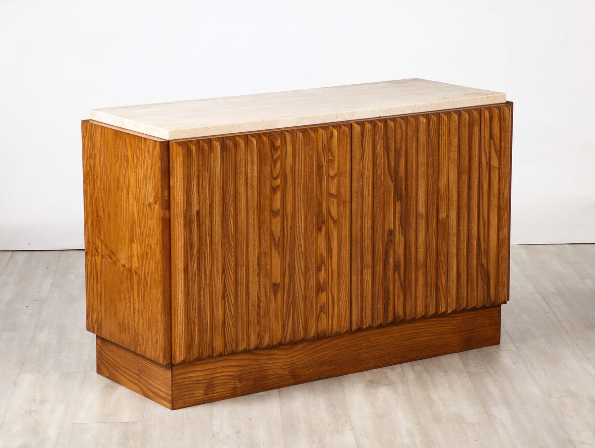 Italian Contemporary Carved Oak and Travertine Cabinet