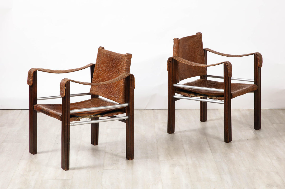 Pair of Spanish 1920's Pebbled Leather and Chrome Safari Armchairs