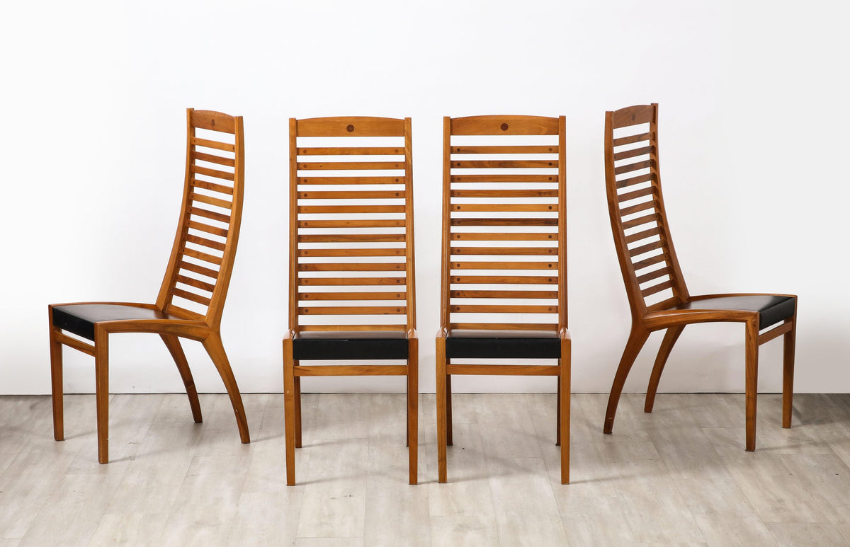 Set of Four Walnut Ladder Back Dining Chairs with Leather Seats, Italy
