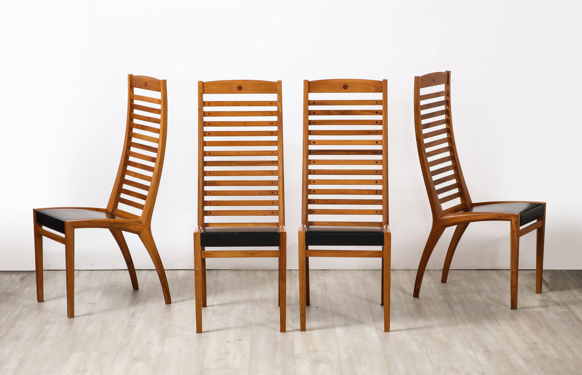 Set of Four Walnut Ladder Back Dining Chairs with Leather Seats, Italy