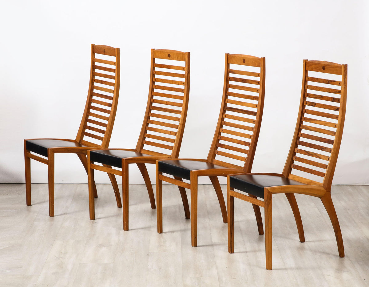 Set of Four Walnut Ladder Back Dining Chairs with Leather Seats, Italy