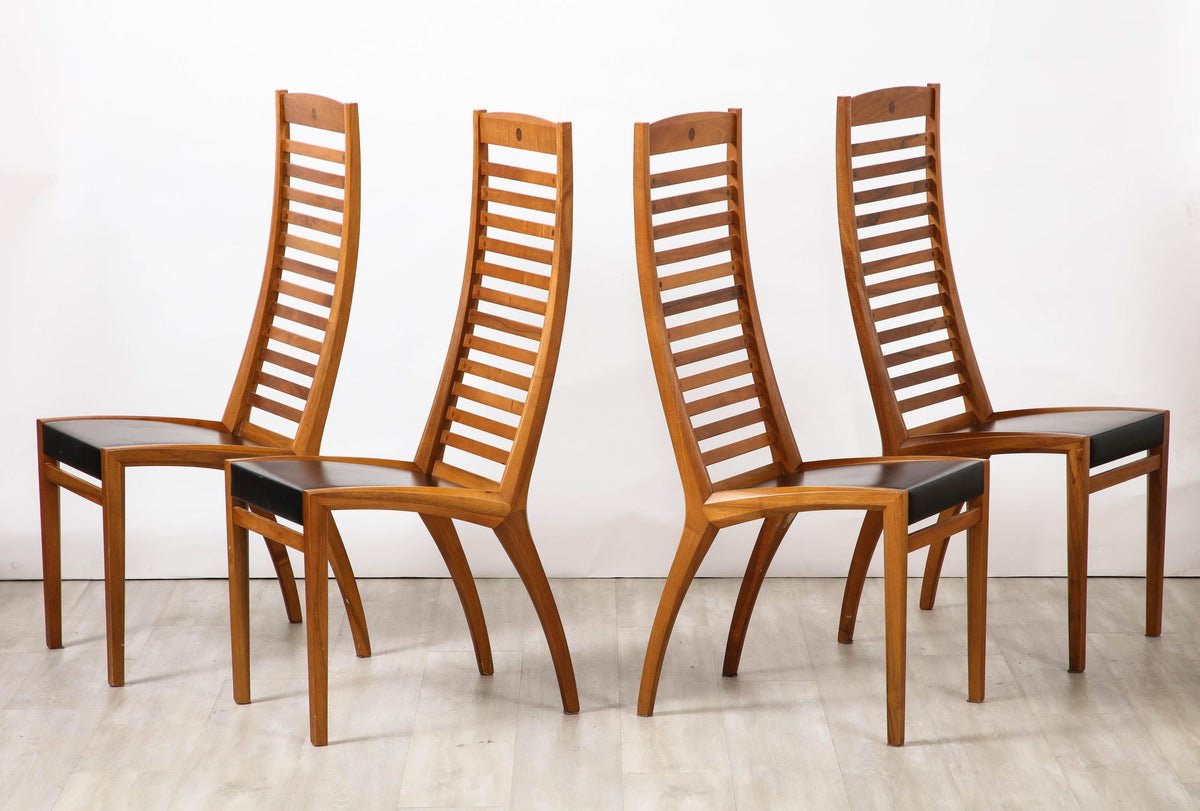 Set of Four Walnut Ladder Back Dining Chairs with Leather Seats, Italy