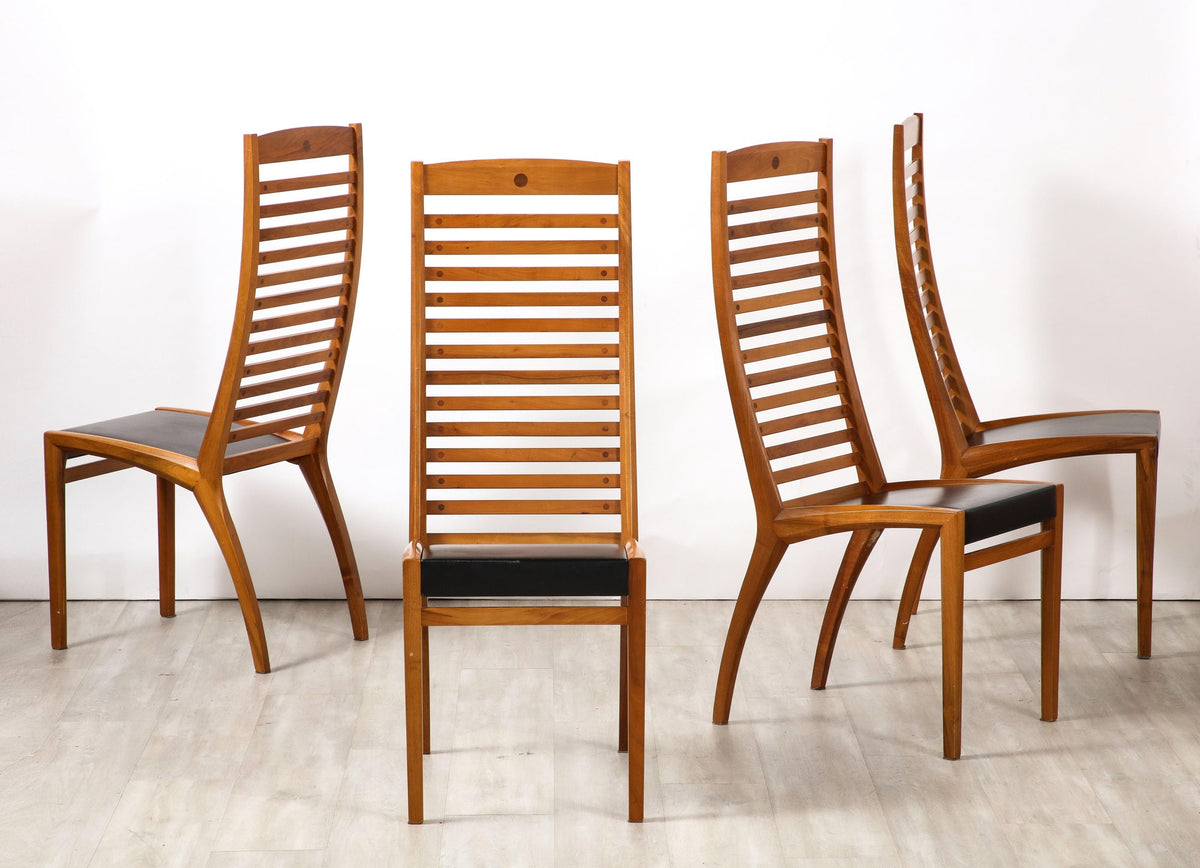 Set of Four Walnut Ladder Back Dining Chairs with Leather Seats, Italy