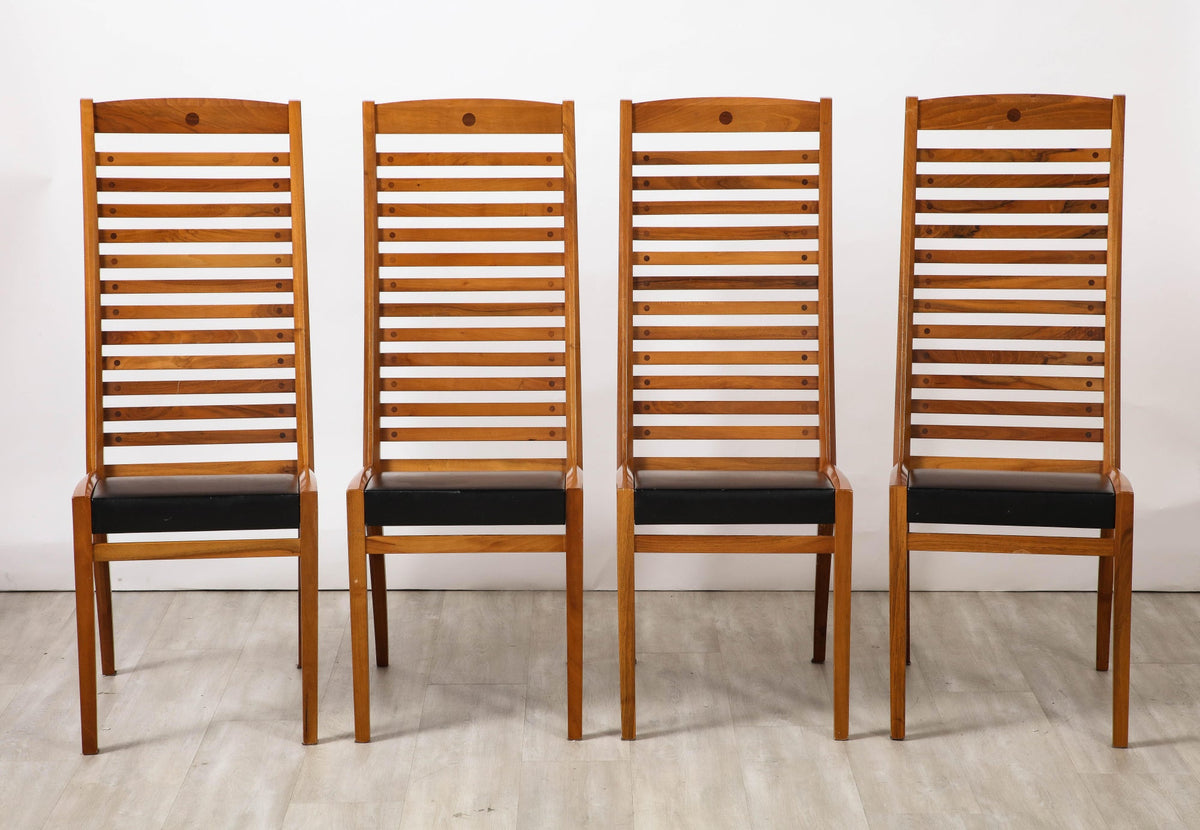 Set of Four Walnut Ladder Back Dining Chairs with Leather Seats, Italy