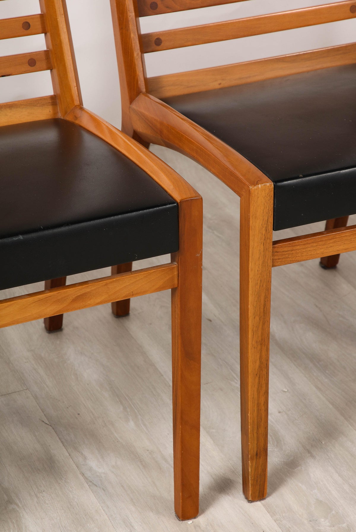 Set of Four Walnut Ladder Back Dining Chairs with Leather Seats, Italy