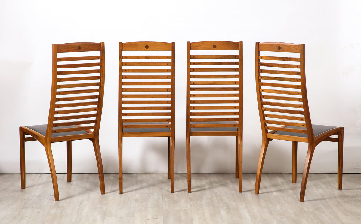 Set of Four Walnut Ladder Back Dining Chairs with Leather Seats, Italy