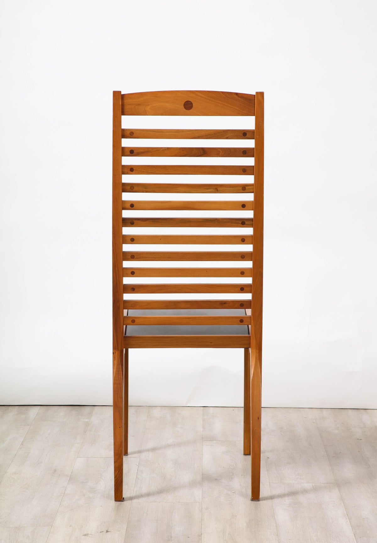 Set of Four Walnut Ladder Back Dining Chairs with Leather Seats, Italy