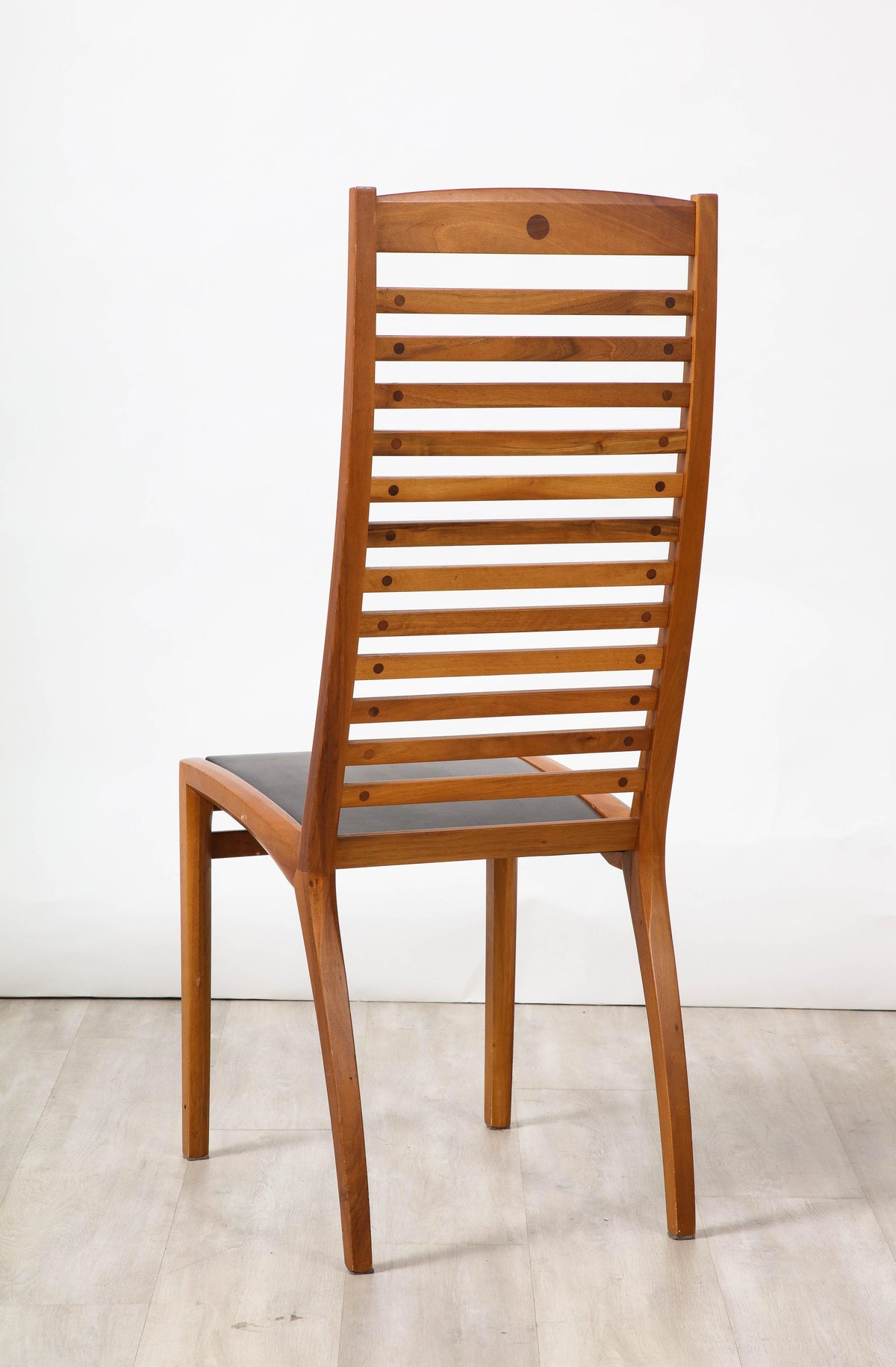 Set of Four Walnut Ladder Back Dining Chairs with Leather Seats, Italy