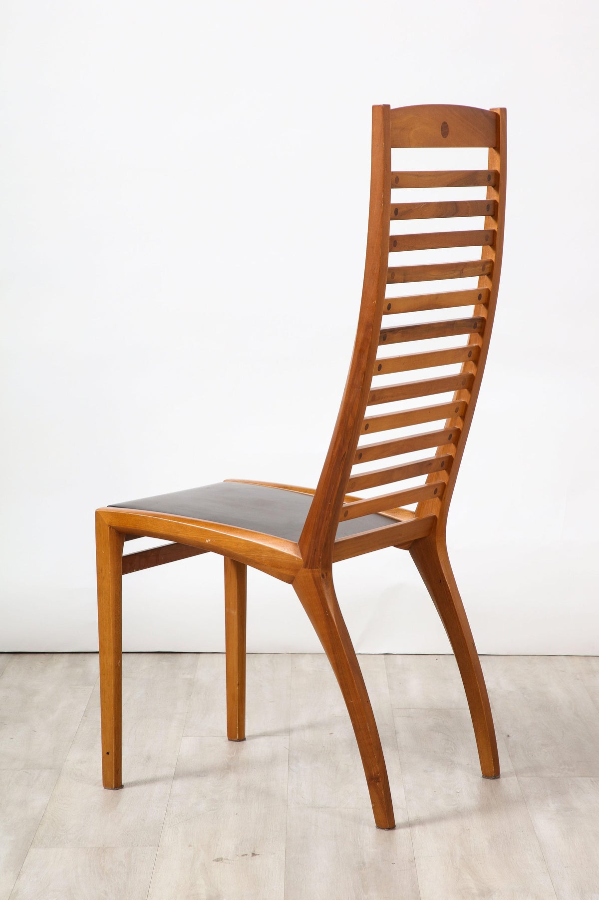 Set of Four Walnut Ladder Back Dining Chairs with Leather Seats, Italy