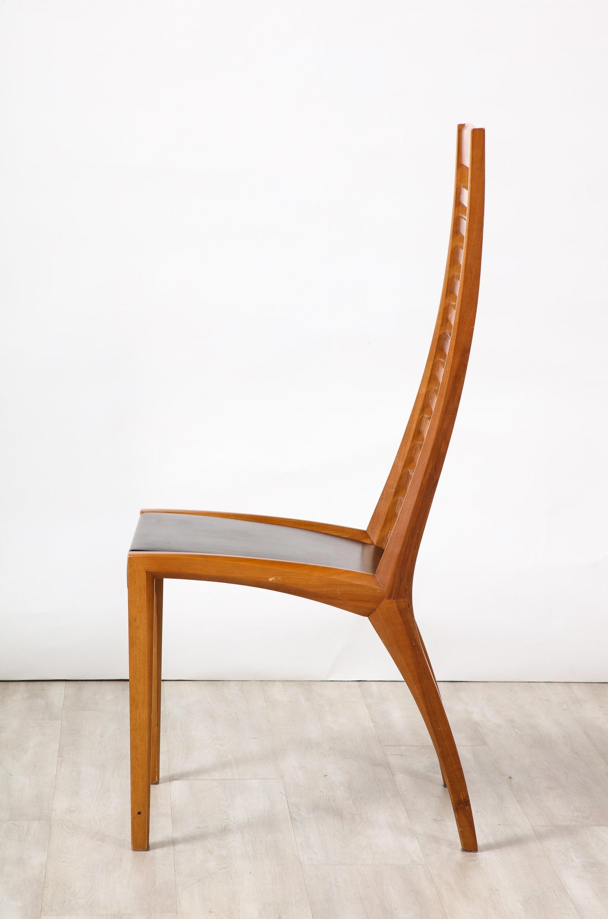 Set of Four Walnut Ladder Back Dining Chairs with Leather Seats, Italy