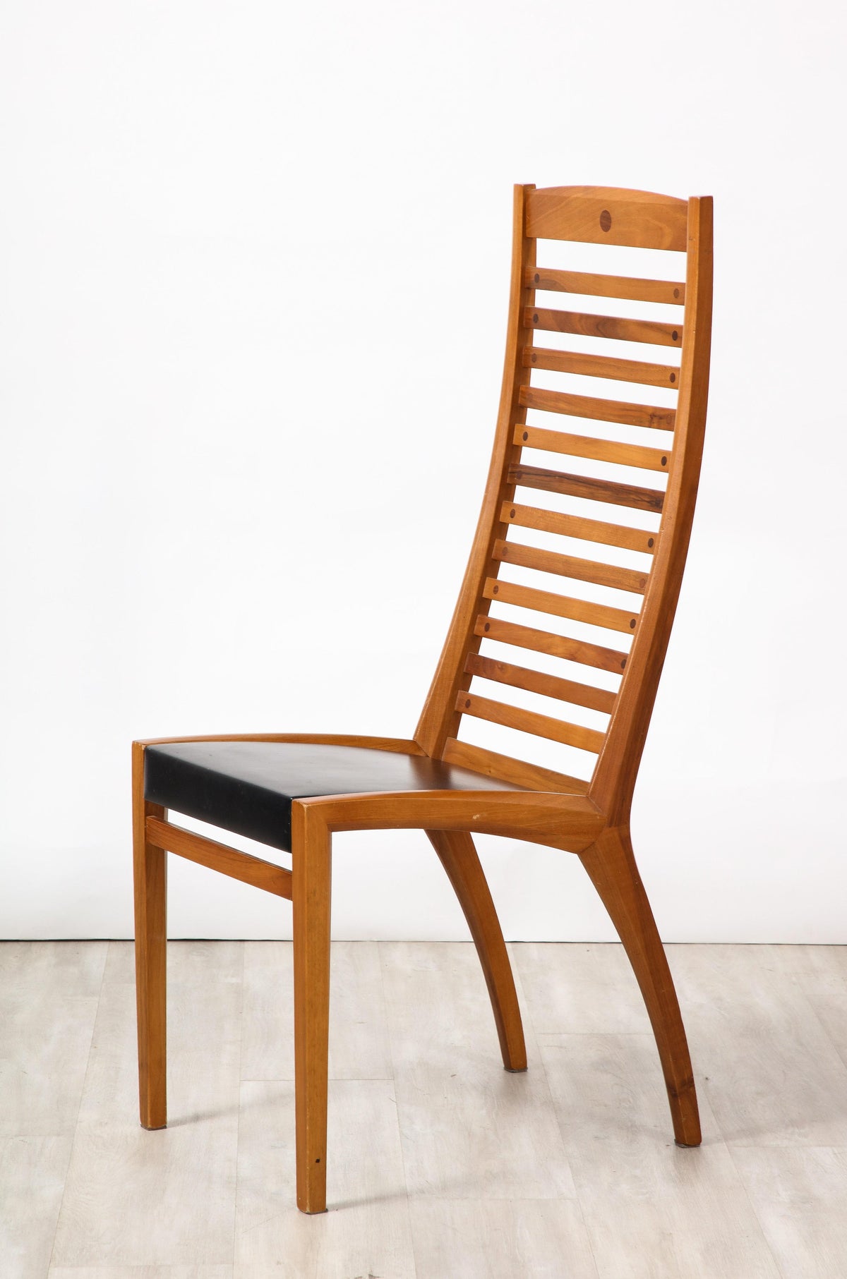Set of Four Walnut Ladder Back Dining Chairs with Leather Seats, Italy