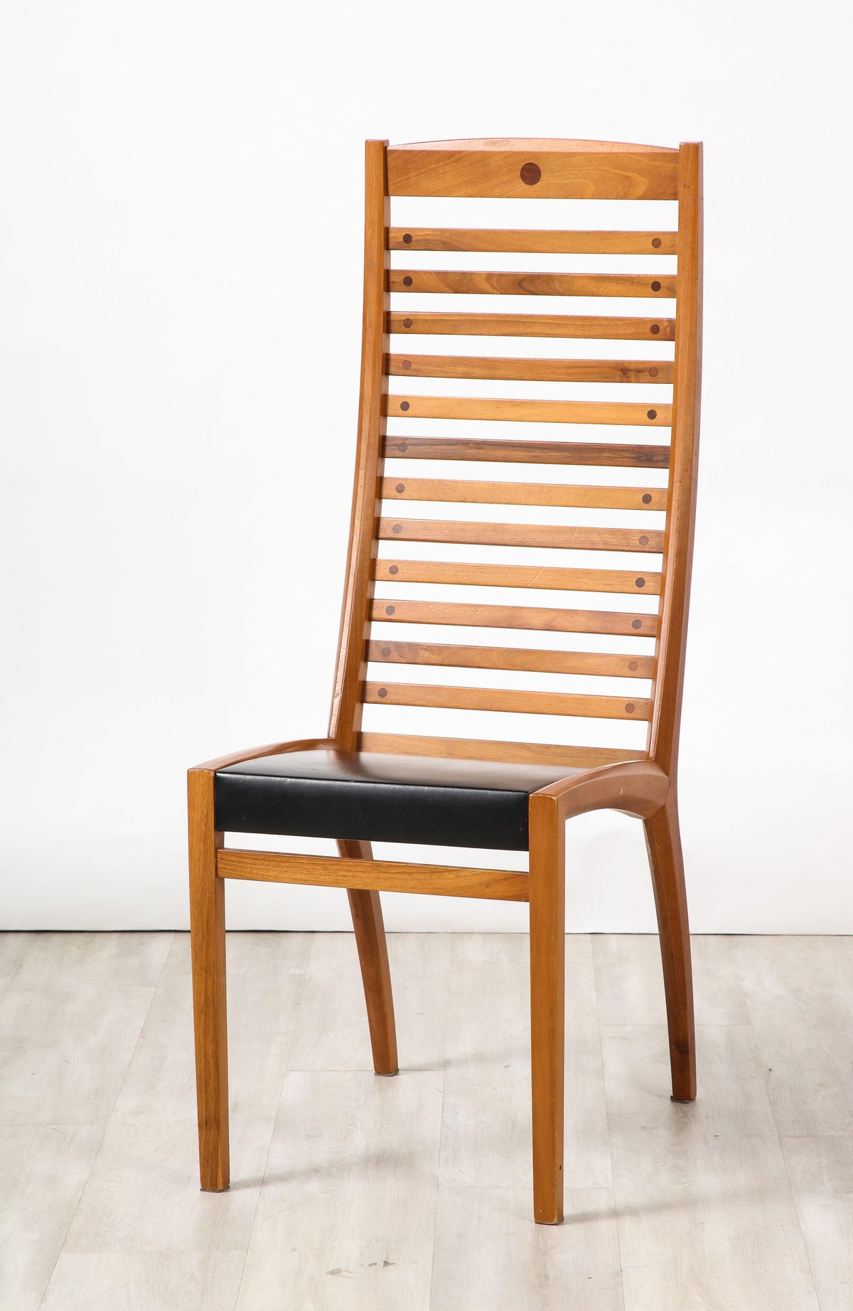 Set of Four Walnut Ladder Back Dining Chairs with Leather Seats, Italy