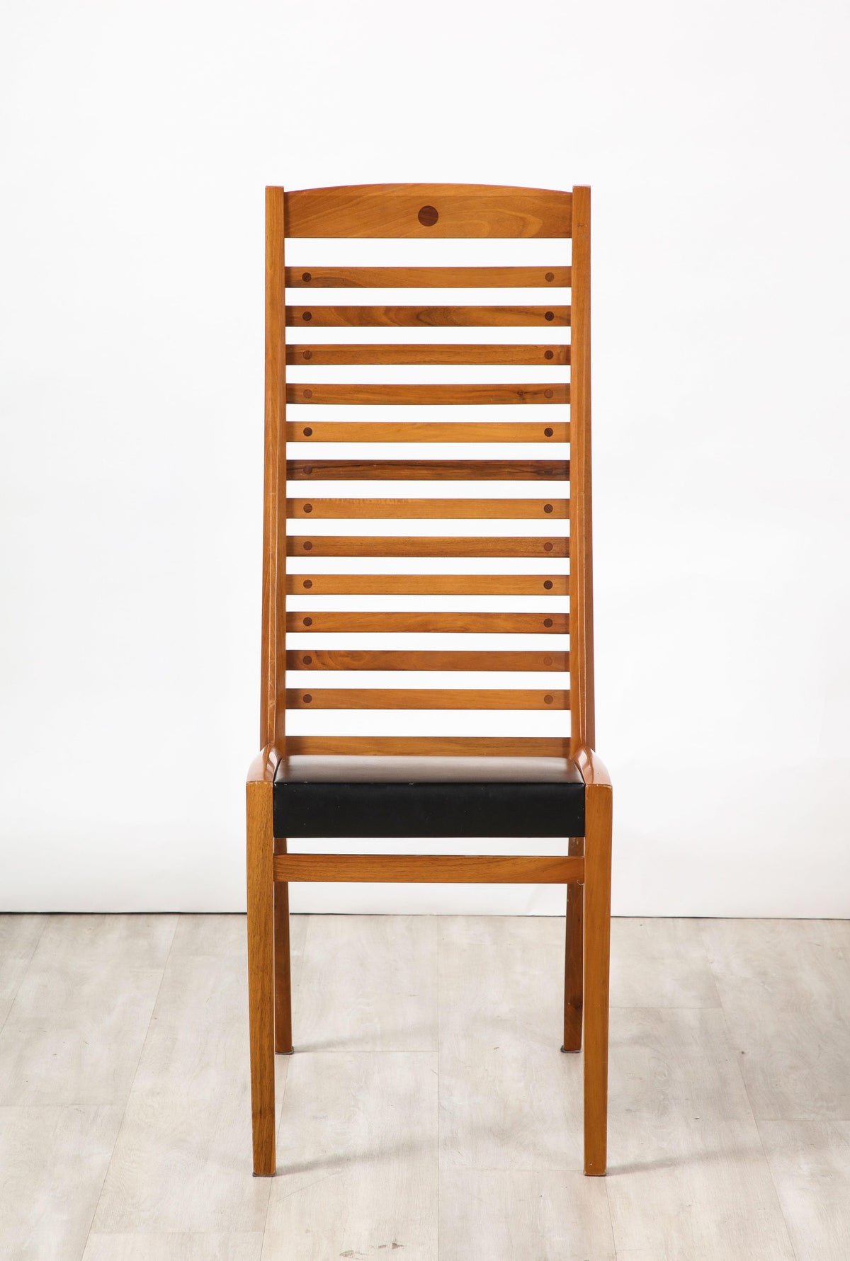 Set of Four Walnut Ladder Back Dining Chairs with Leather Seats, Italy