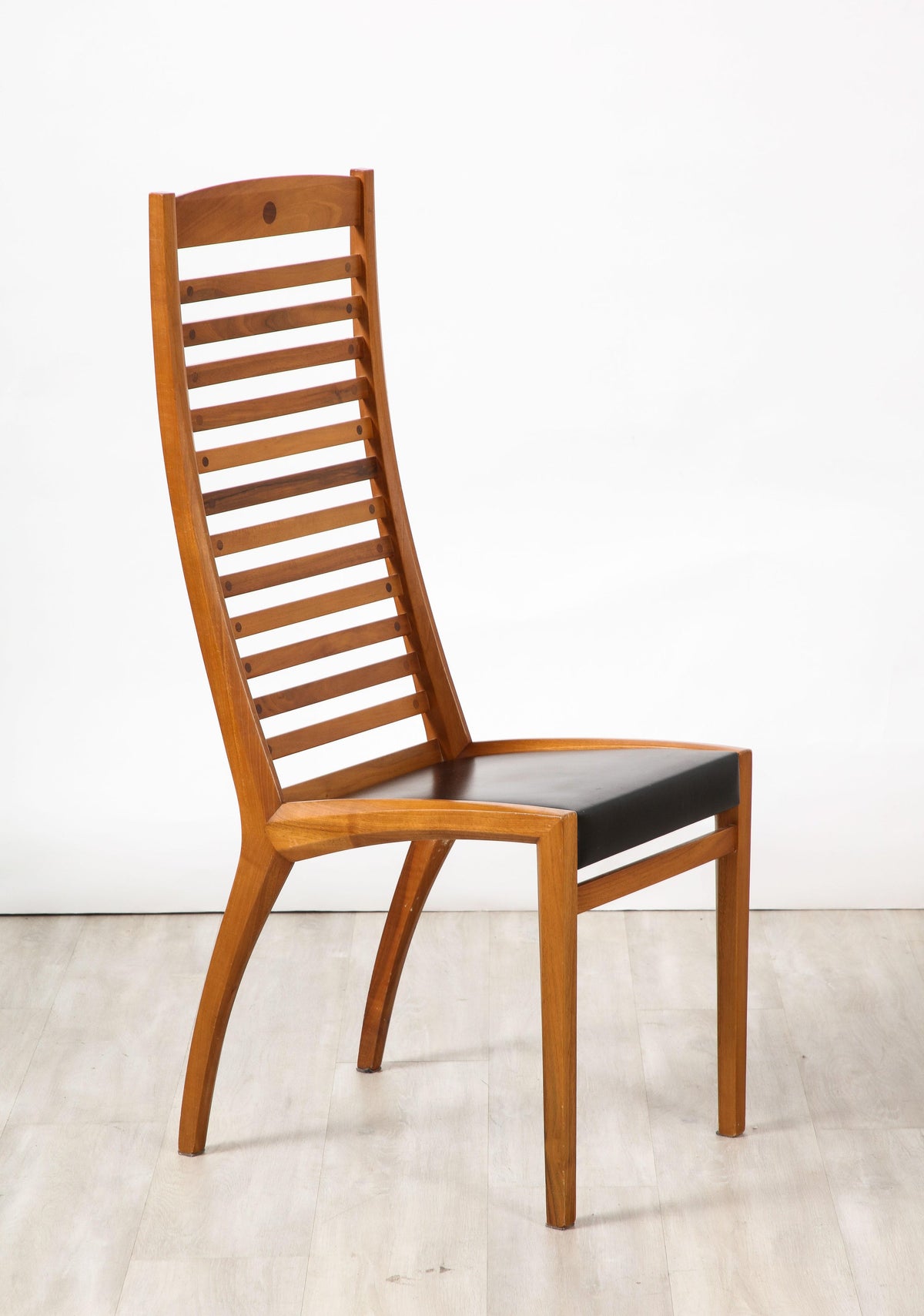 Set of Four Walnut Ladder Back Dining Chairs with Leather Seats, Italy