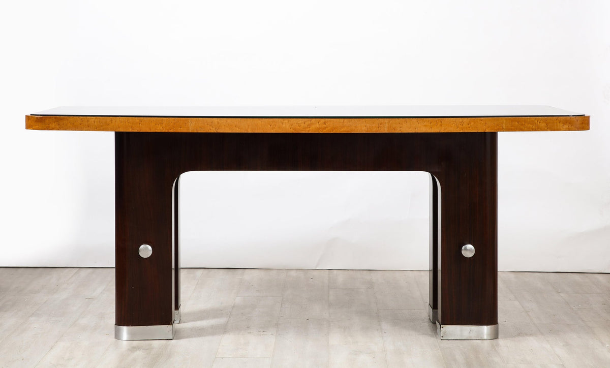 Italian Art Deco Macassar Ebony, Chrome, Glass Dining Table, Italy, circa 1940