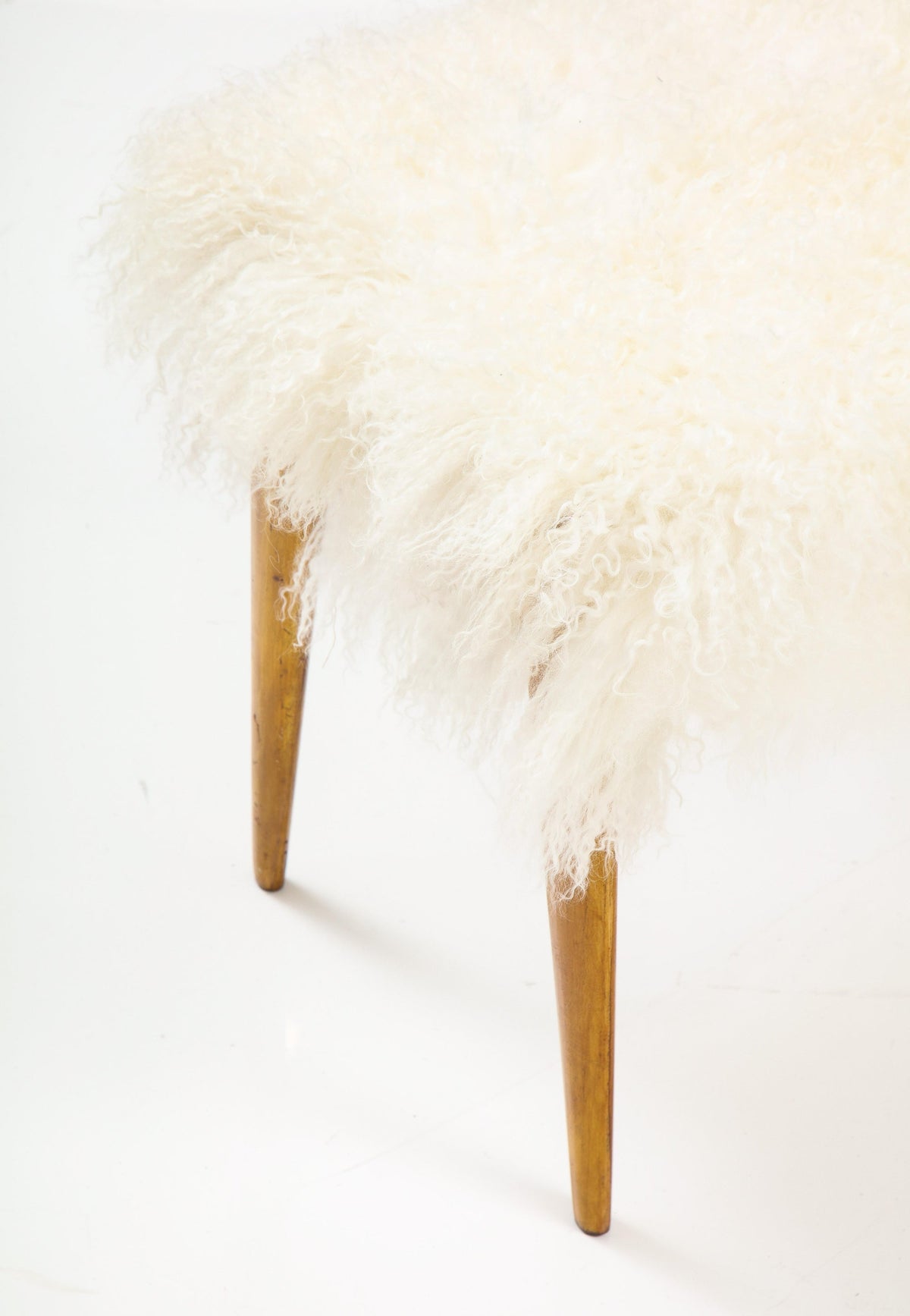 Italian 1950's Maple Wood Stool/Bench with Mongolian Sheepskin