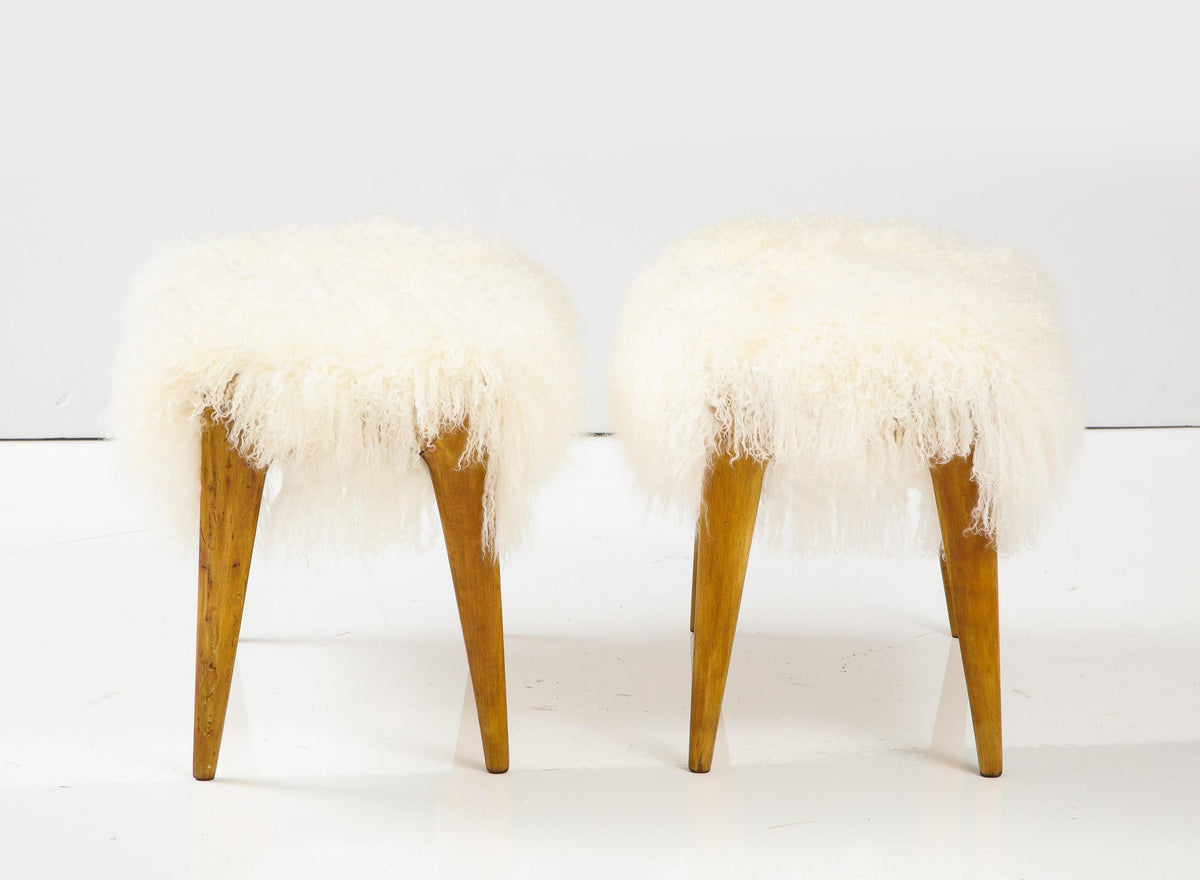 Italian 1950's Maple Wood Stool/Bench with Mongolian Sheepskin