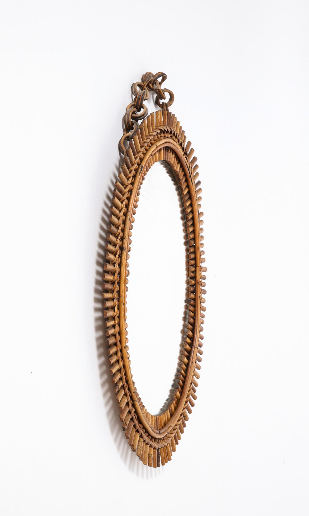 1950s Italian Oval Bamboo Mirror with Chain and Velvet Backing