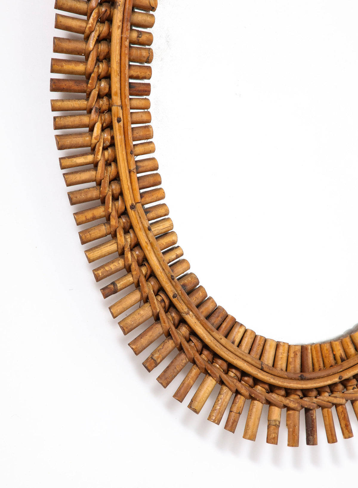 1950s Italian Oval Bamboo Mirror with Chain and Velvet Backing
