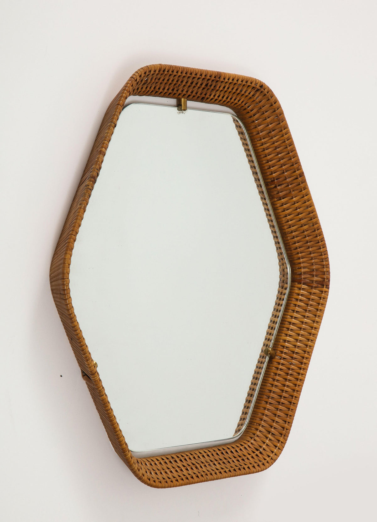 Italian Rattan Hexagonal Mirror with Brass Supports, 1950s
