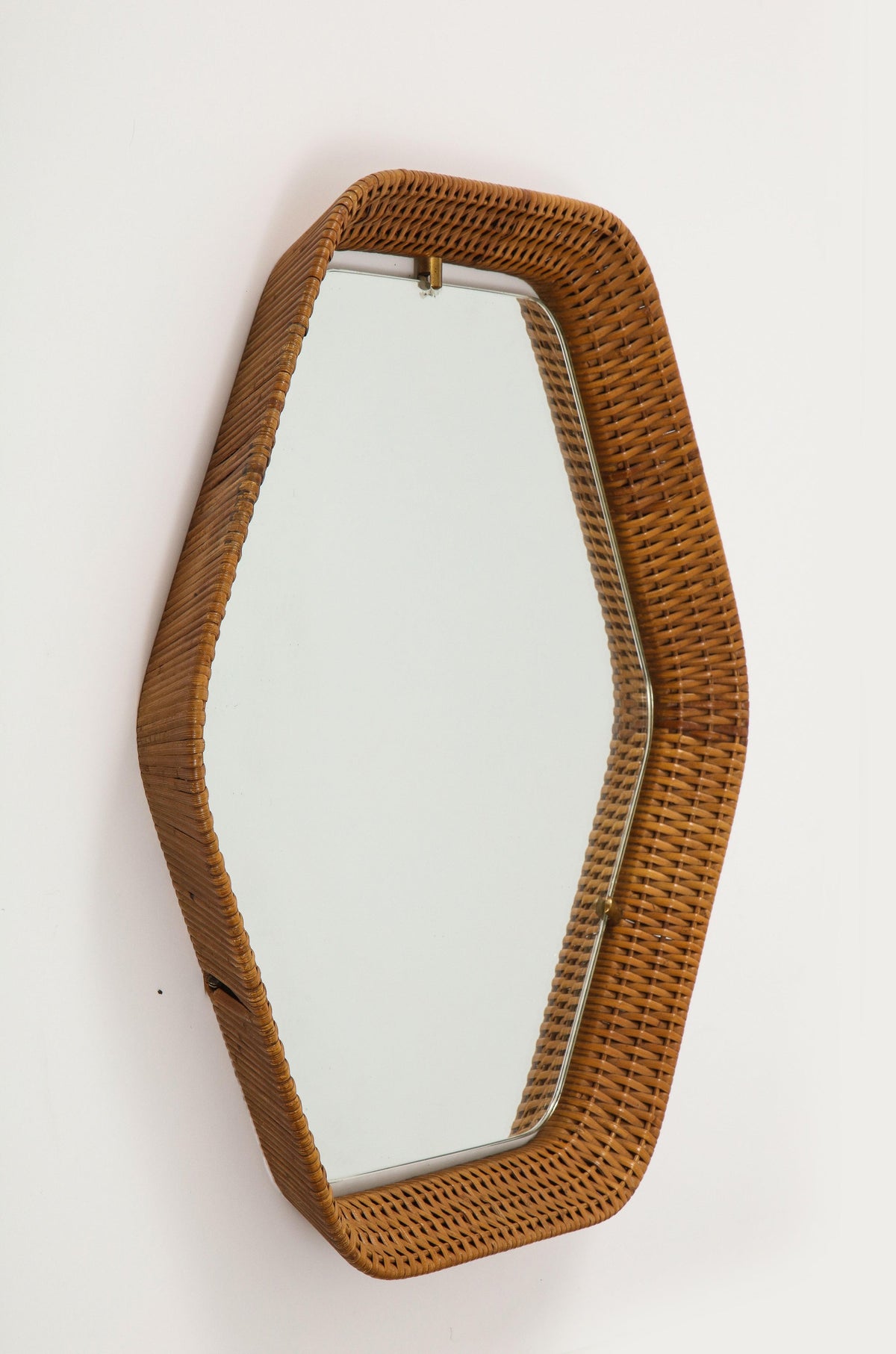 Italian Rattan Hexagonal Mirror with Brass Supports, 1950s