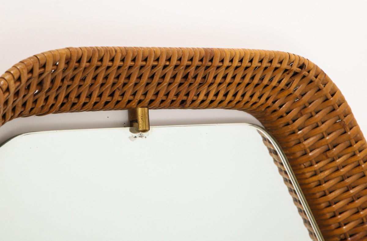Italian Rattan Hexagonal Mirror with Brass Supports, 1950s