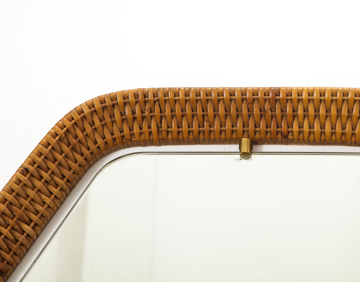 Italian Rattan Hexagonal Mirror with Brass Supports, 1950s