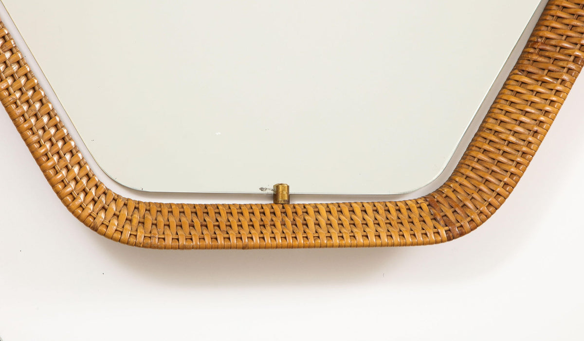 Italian Rattan Hexagonal Mirror with Brass Supports, 1950s