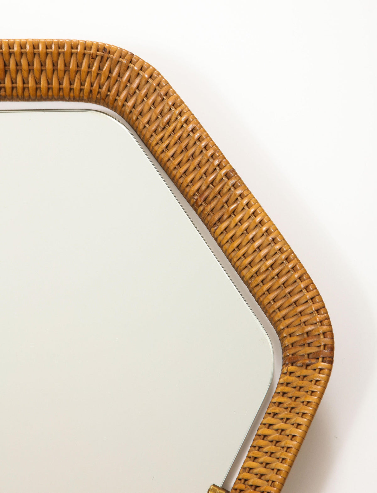 Italian Rattan Hexagonal Mirror with Brass Supports, 1950s