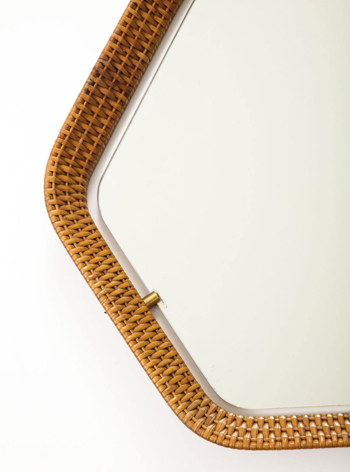Italian Rattan Hexagonal Mirror with Brass Supports, 1950s
