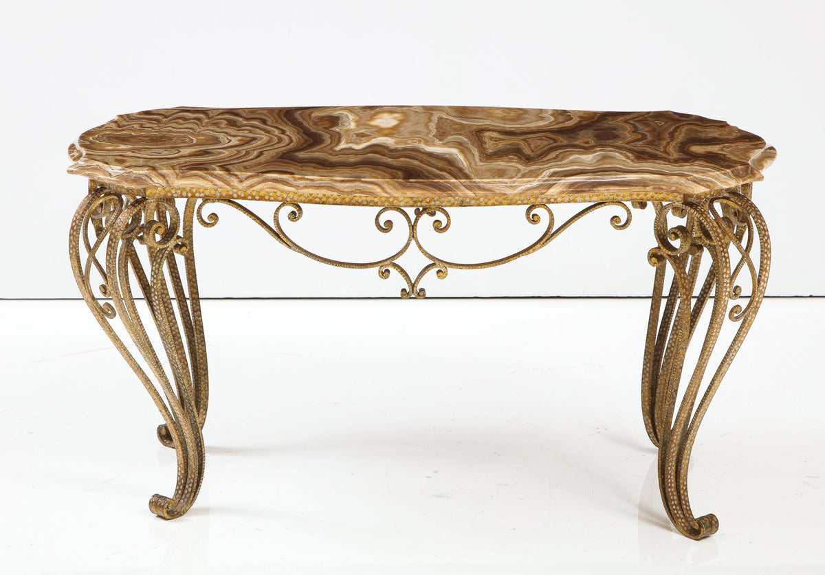 Pier Luigi Colli Hammered Gilded Iron Coffee Table with Shaped Agate Top
