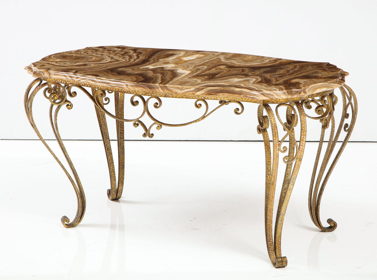Pier Luigi Colli Hammered Gilded Iron Coffee Table with Shaped Agate Top