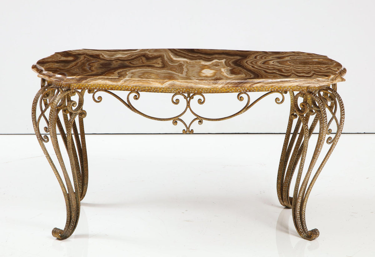 Pier Luigi Colli Hammered Gilded Iron Coffee Table with Shaped Agate Top