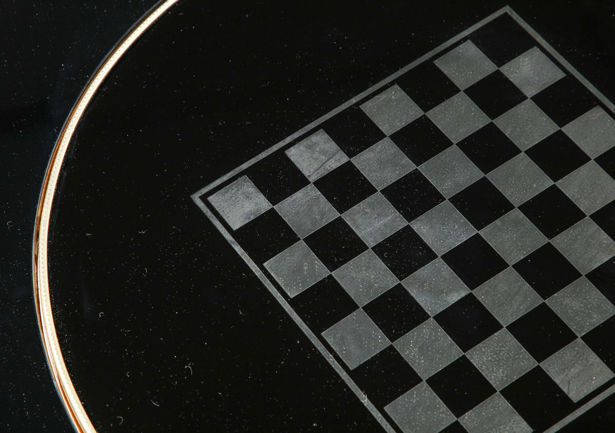 Cristal Arte Cocktail Table, Black Glass with Chess & Guitar Design