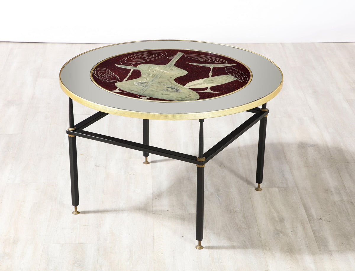 Cristal Arte Cocktail Table, Black Glass with Chess & Guitar Design