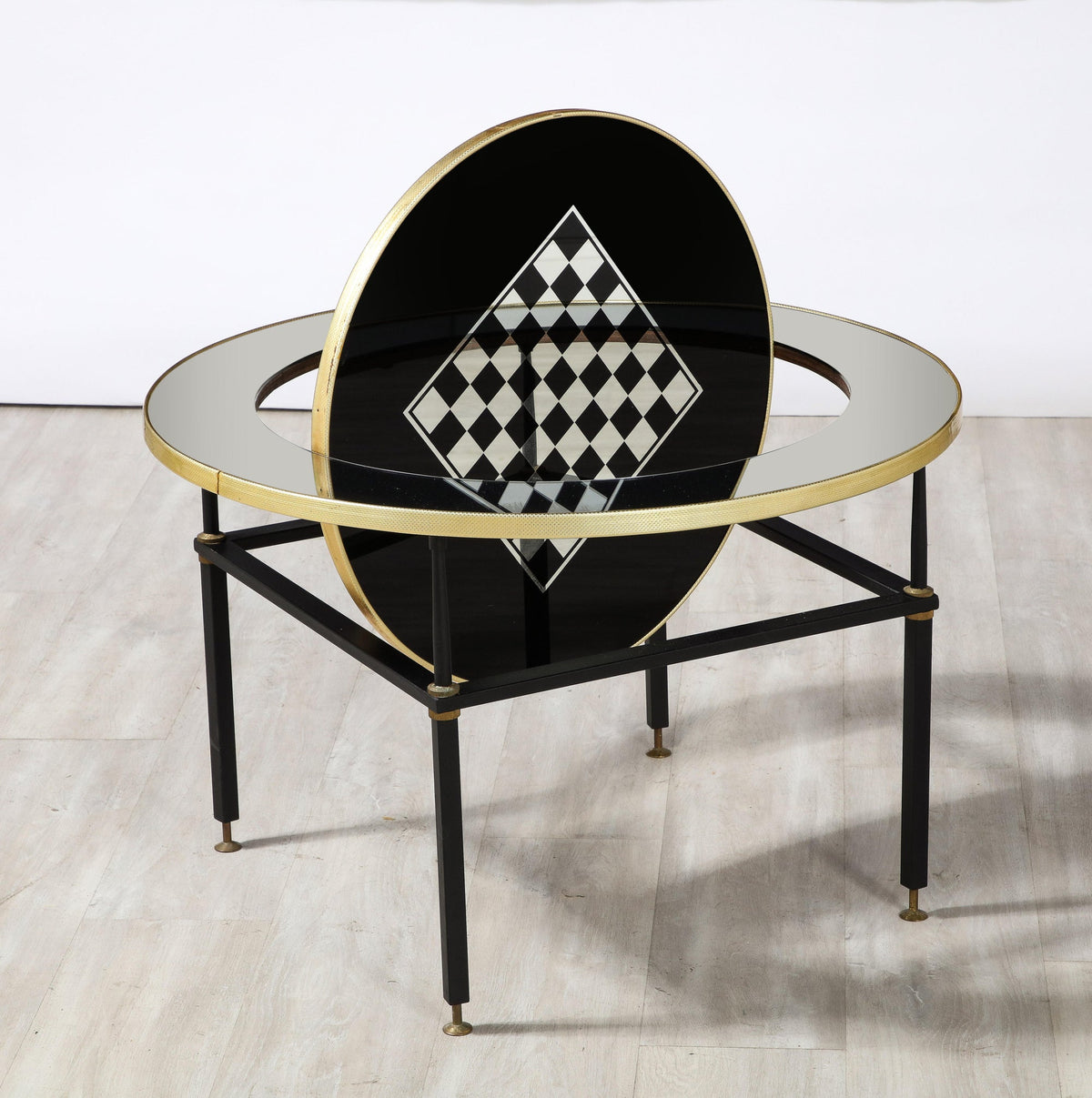 Cristal Arte Cocktail Table, Black Glass with Chess & Guitar Design