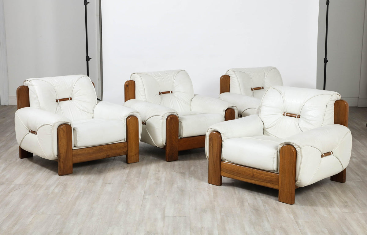 Rare 1970s Italian Lounge Chairs in Walnut and White Leather Set
