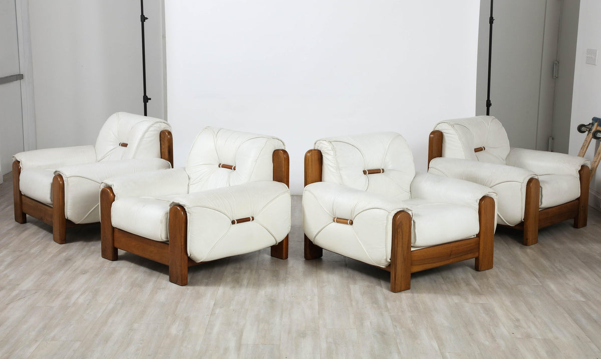 Rare 1970s Italian Lounge Chairs in Walnut and White Leather Set
