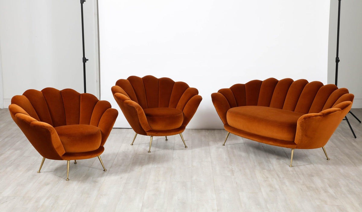 1950s Italian Lounge Chairs, Scalloped Velvet, Brass Legs