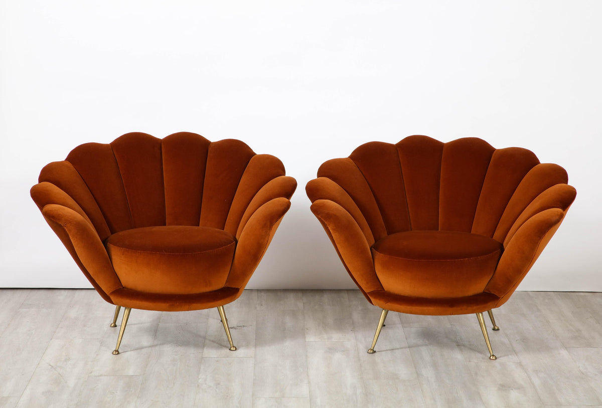 1950s Italian Lounge Chairs, Scalloped Velvet, Brass Legs
