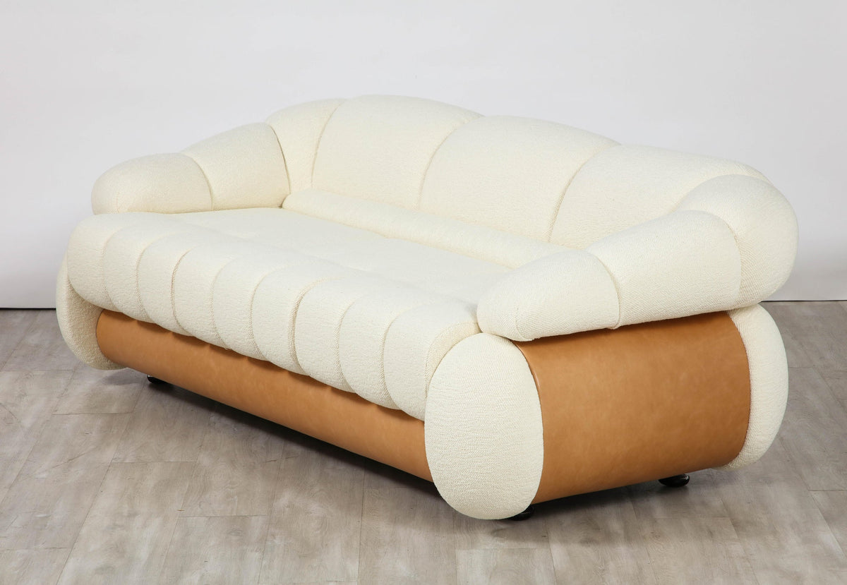 Adriano Piazzesi Curved Brown Leather Sofa, Channel Tufted, 1970